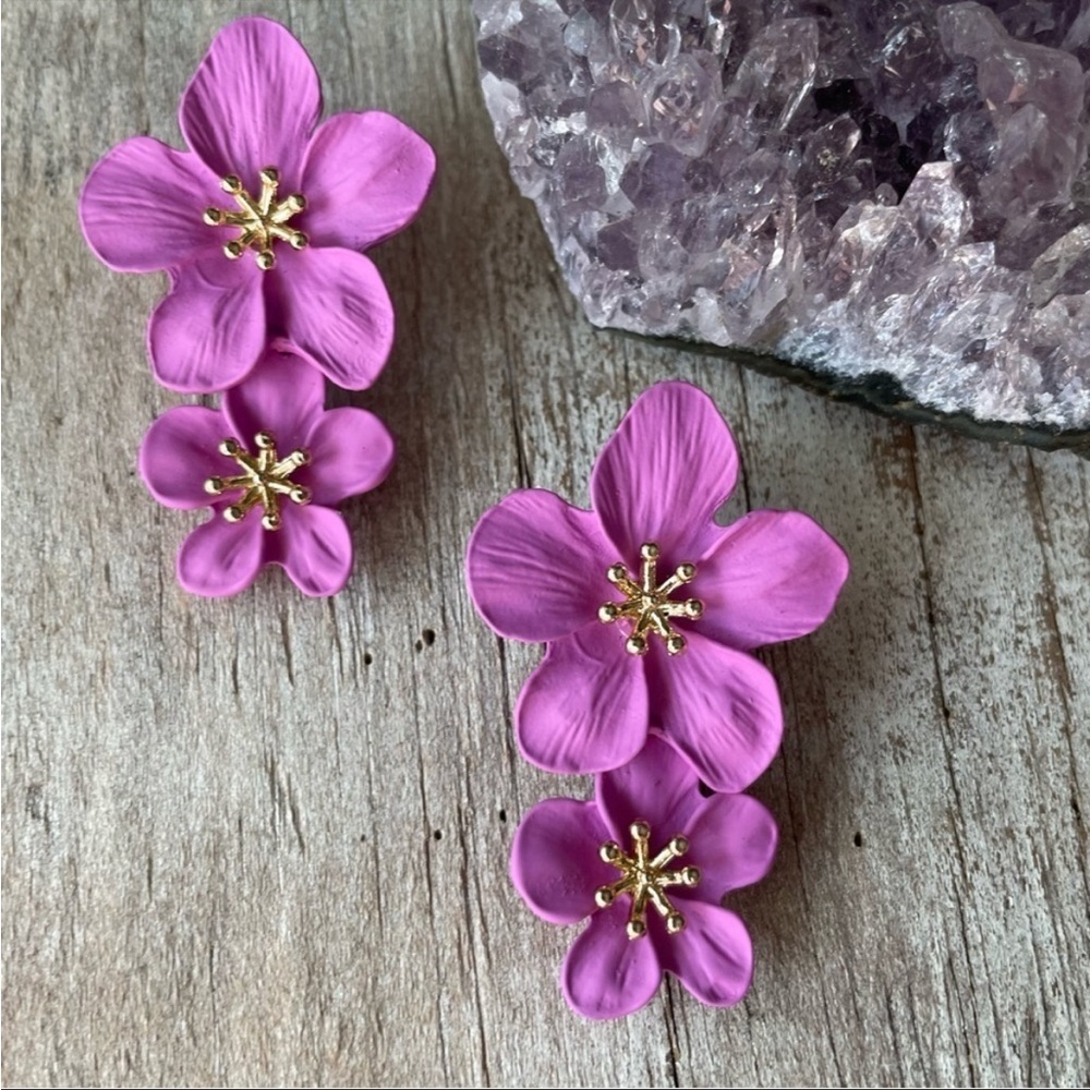 BLOSSOM EARRINGS IN LAVENDER PURPLE DOUBLE FLOWER DROP EARRINGS